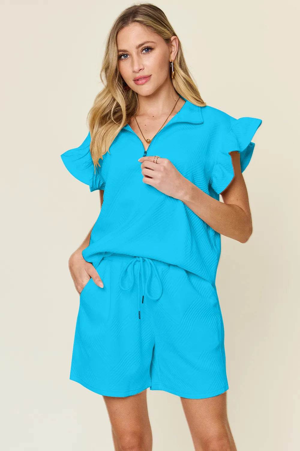 Double Take Full Size Texture Flounce Sleeve Top and Drawstring Shorts Set - IntuitiveEncBoutique