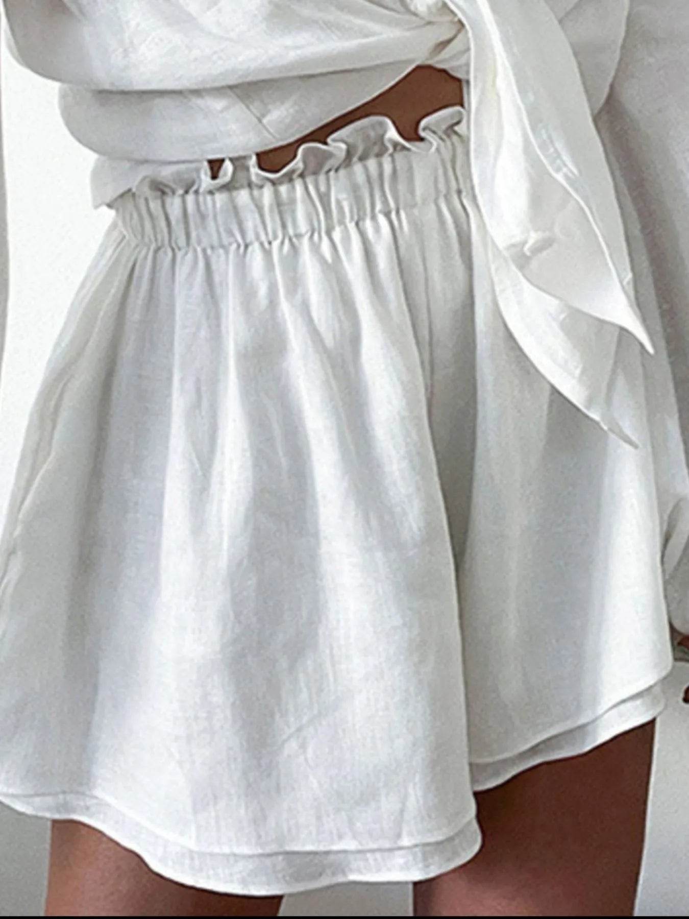 Full Size Button Up Balloon Sleeve Top and Shorts Set Plus Size - IntuitiveEncBoutique