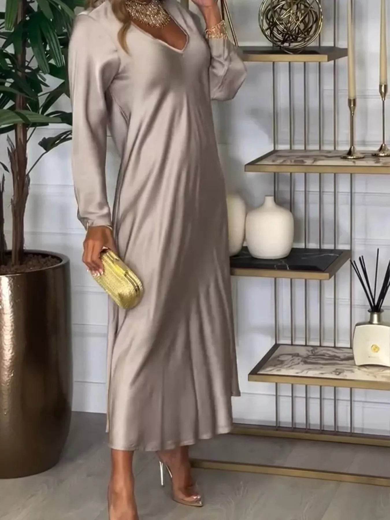 Full Size V-Neck Long Sleeve Midi Dress Plus Size - IntuitiveEncBoutique