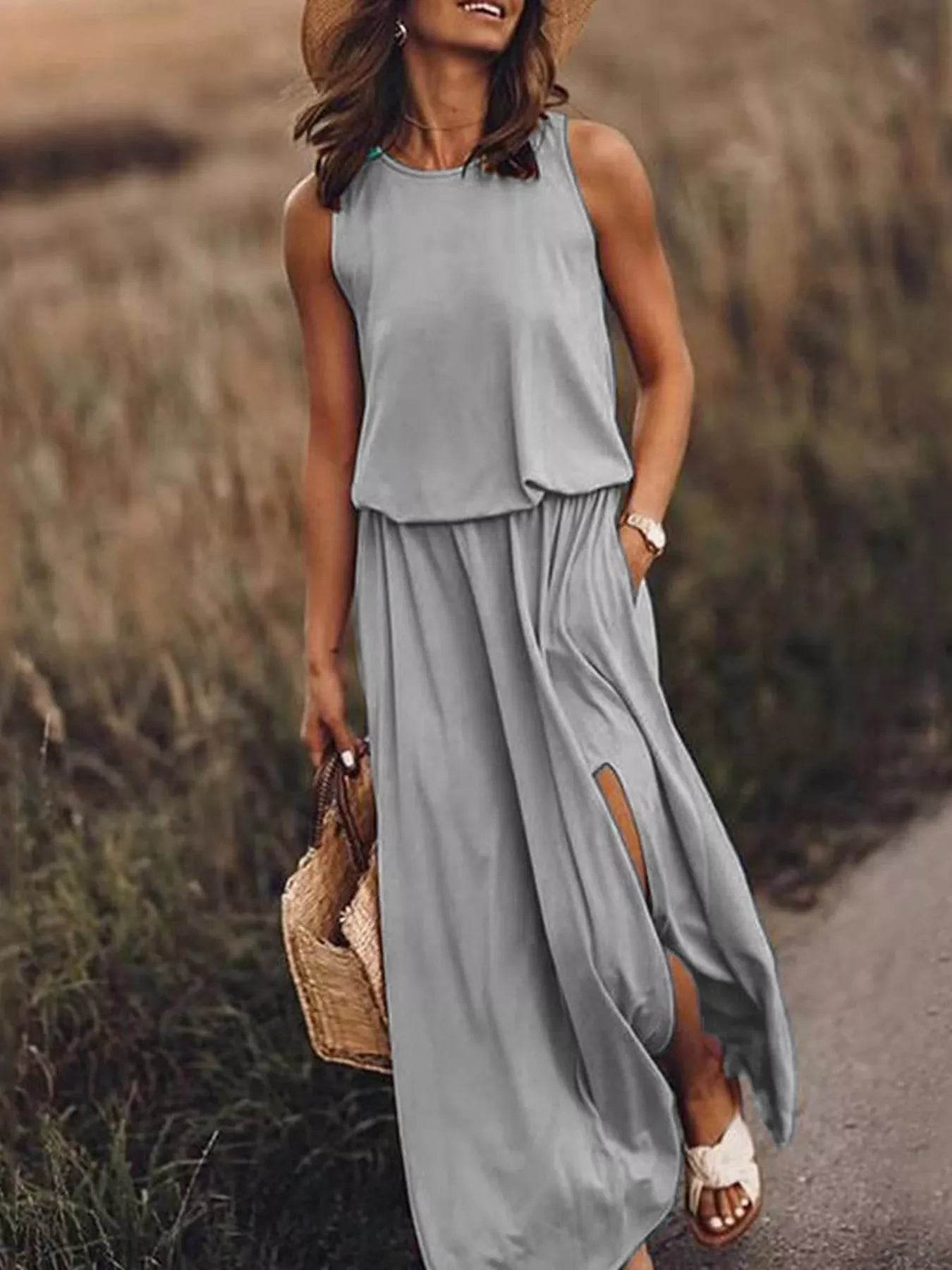 Full Size Round Neck Sleeveless Slit Maxi Dress Plus Size - IntuitiveEncBoutique