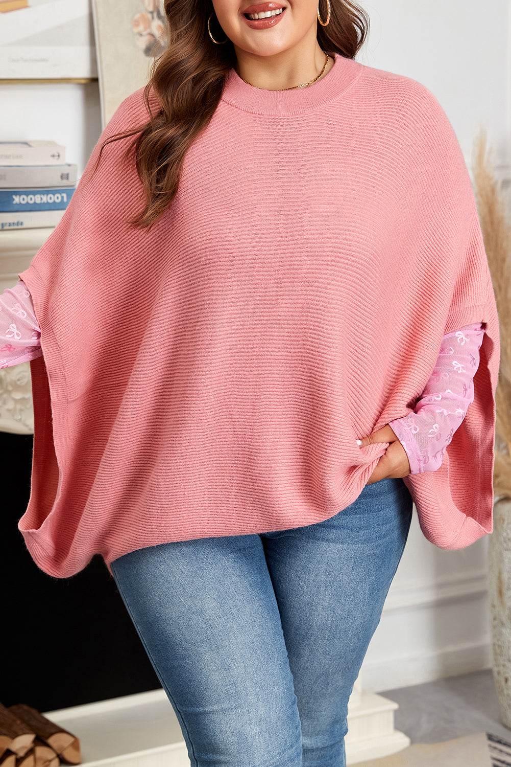 Light Pink Ribbed Knit Half Sleeve Plus Size Poncho Style Sweater - IntuitiveEncBoutique