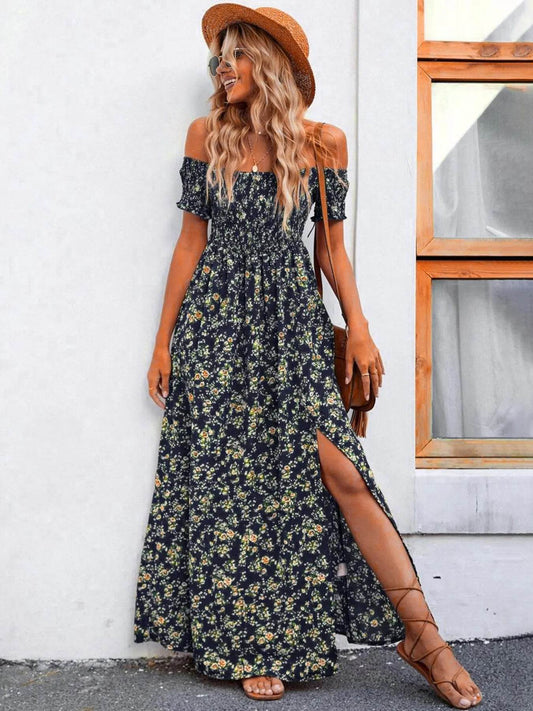 Full Size Slit Off-Shoulder Floral Midi Dress Plus Size - IntuitiveEncBoutique