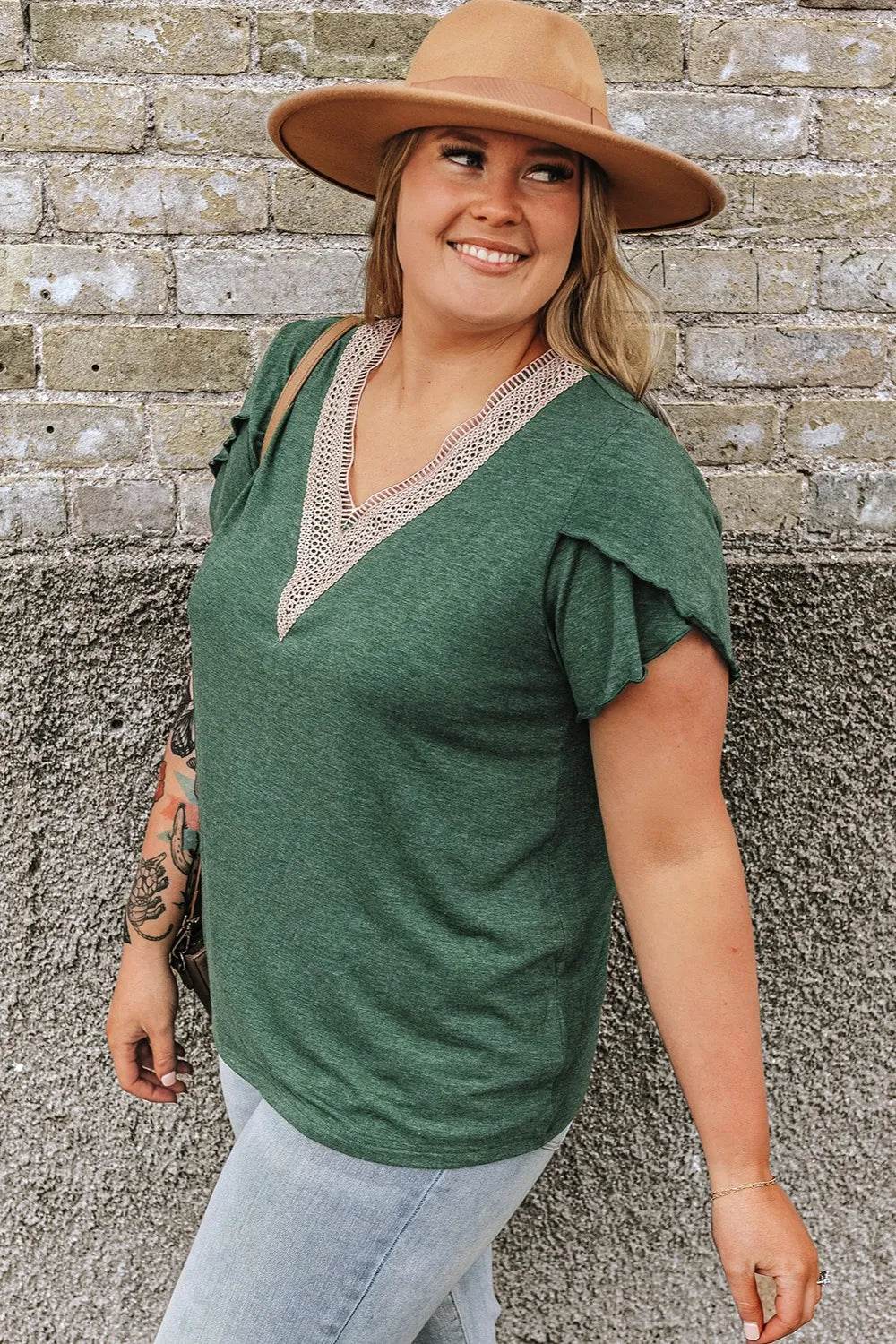 Plus Size V-Neck Petal Sleeve Blouse - IntuitiveEncBoutique