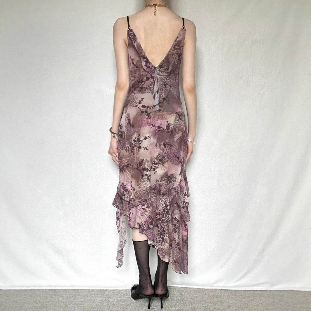 Vintage Print Irregular Hem Lace-Up Mesh Dress with Ruffle Edge and Strapless Design - IntuitiveEncBoutique