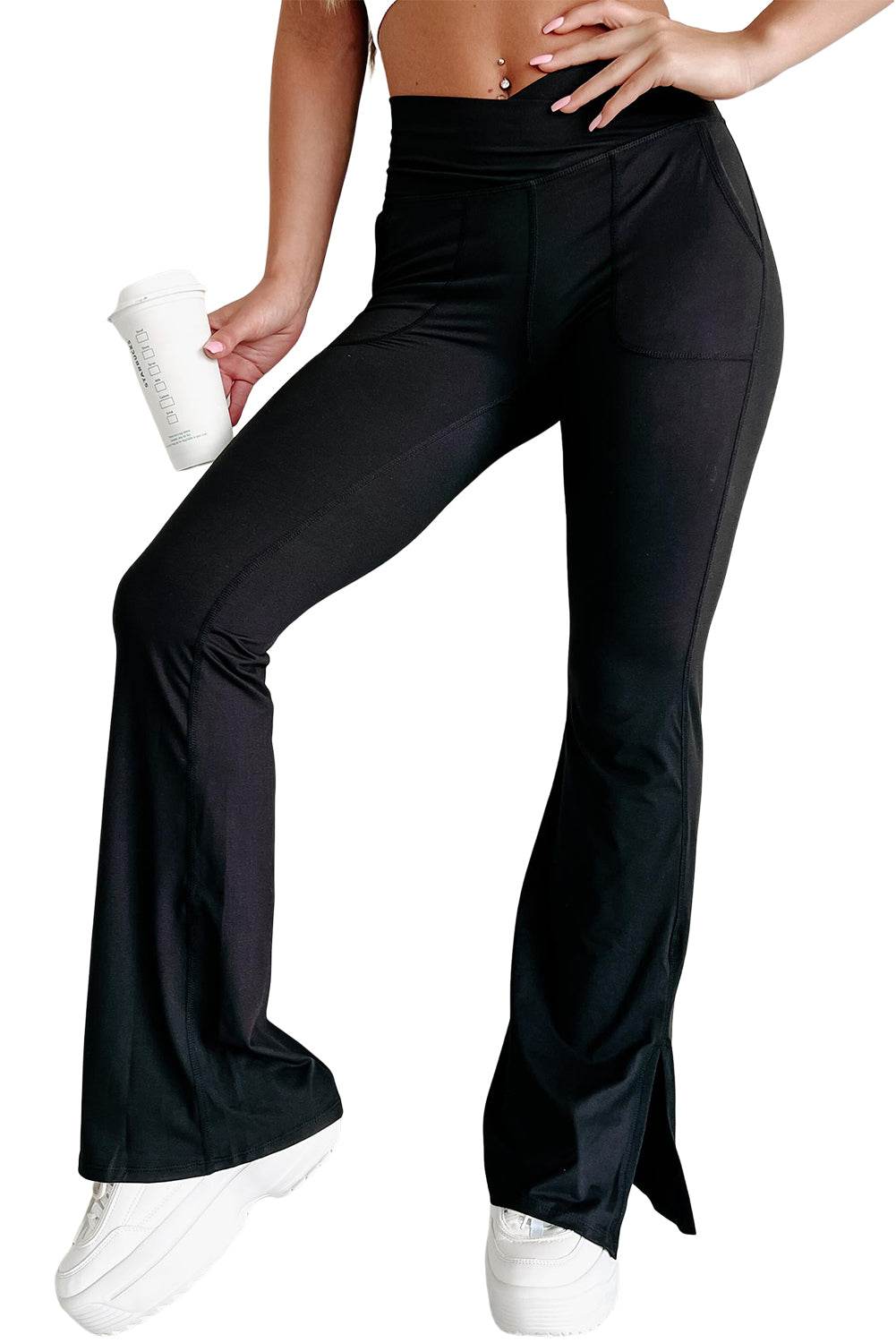 Black Cross Waist Pocketed Split Hem Flared Leggings - IntuitiveEncBoutique