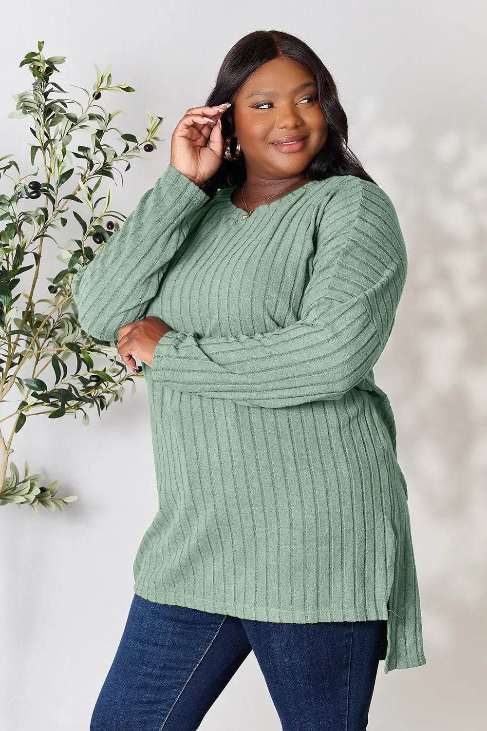 Basic Bae Full Size Ribbed Round Neck Long Sleeve Slit Top - IntuitiveEncBoutique