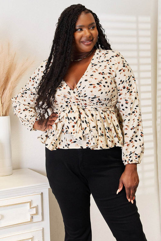 Honey Printed Tied Plunge Peplum Blouse - IntuitiveEncBoutique