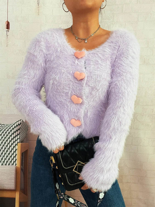 Fuzzy Heart Shape Button-Up Cardigan - IntuitiveEncBoutique