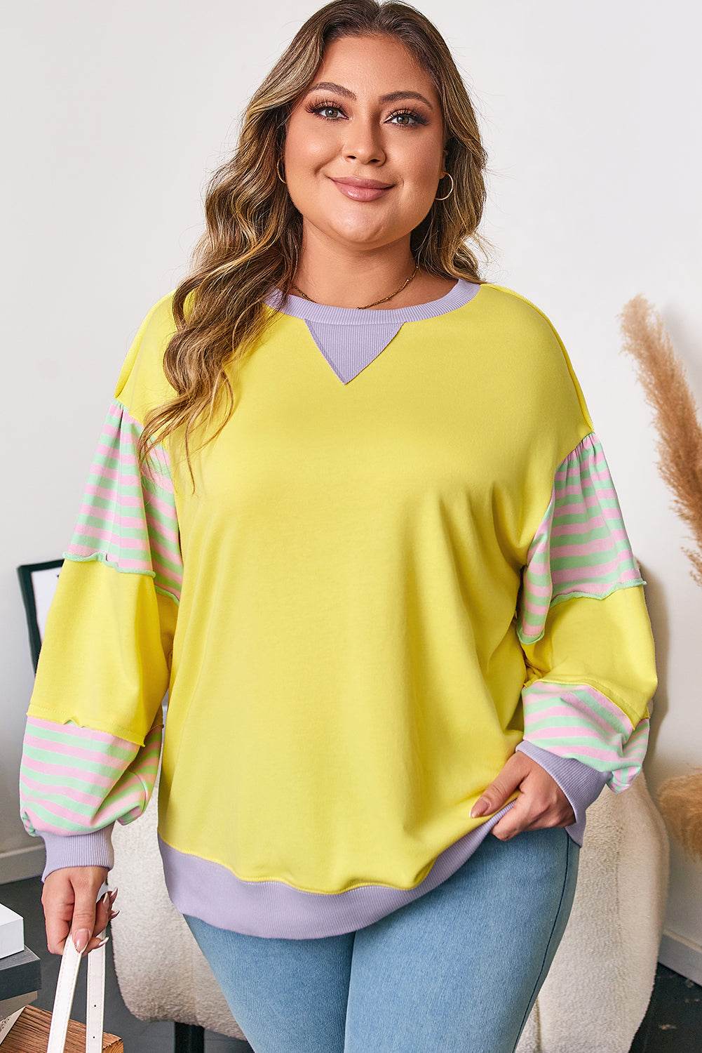 Yellow Striped Color Block Patchwork Crewneck Plus Size Pullover Sweatshirt - IntuitiveEncBoutique