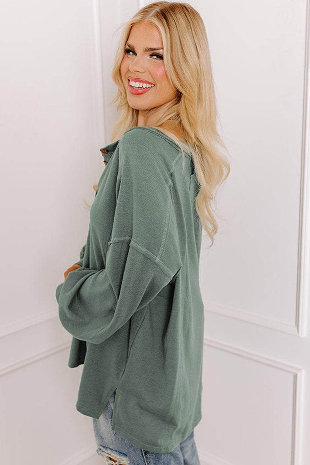 Seagrass Plus Size Exposed Seam Drop Shoulder Henley Top - IntuitiveEncBoutique