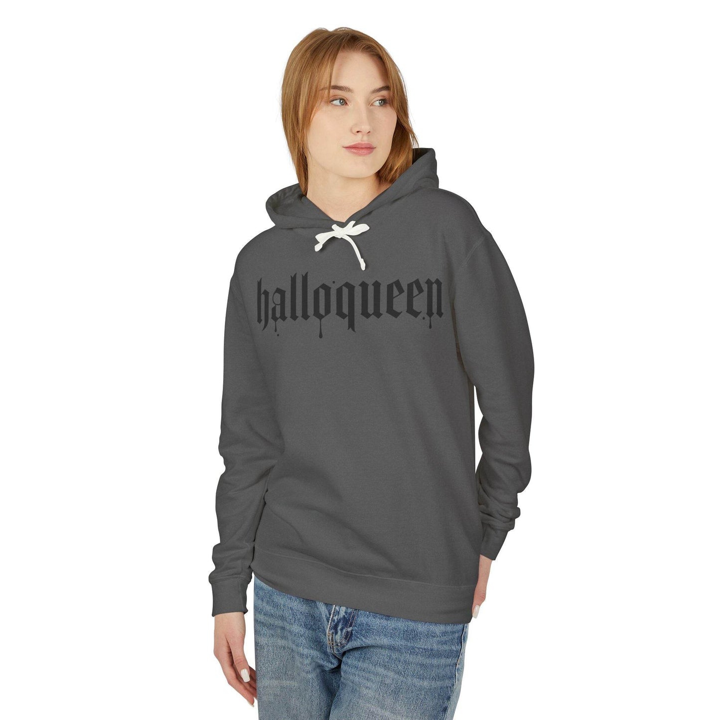 Halloween Unisex Lightweight Hoodie, Halloqueen Sweatshirt, Cute Fall Fashion, Cozy Halloween Gift, Spooky Season Apparel - IntuitiveEncBoutique