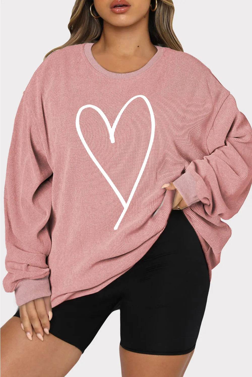 Plus Size Heart Ribbed Round Neck Sweatshirt - IntuitiveEncBoutique