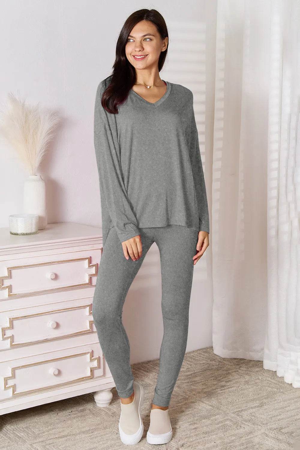 Basic Bae Bamboo Full Size V-Neck Long Sleeve Top and Pants Lounge Set - IntuitiveEncBoutique