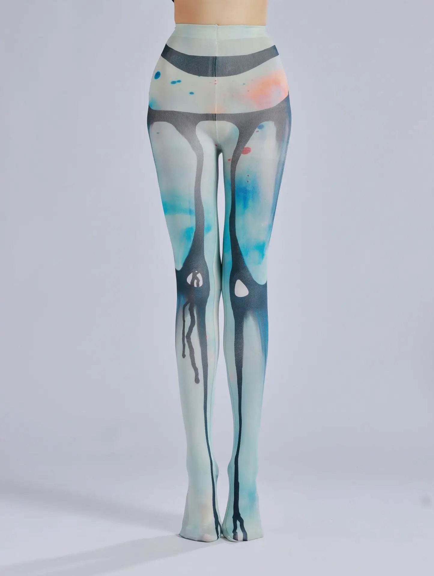 Dark patterned printed pantyhose with ink flow and personalized bottom socks - IntuitiveEncBoutique