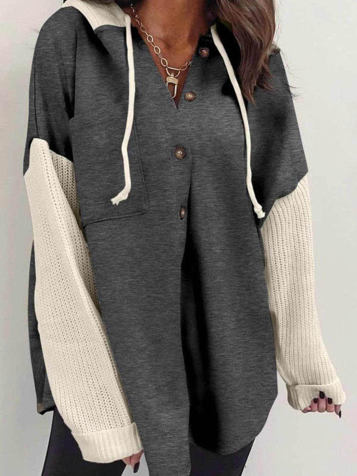 Drawstring Button Front Hoodie - IntuitiveEncBoutique
