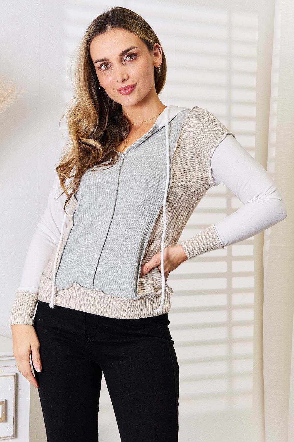 Double Take Color Block Exposed Seam Drawstring Hoodie - IntuitiveEncBoutique