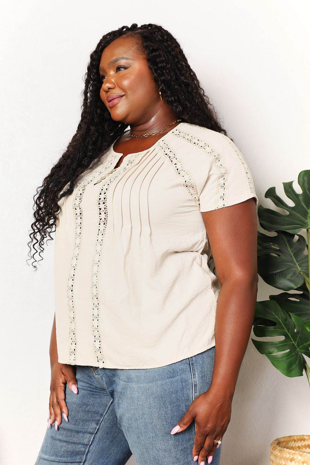 Double Take Crochet Buttoned Short Sleeves Top - IntuitiveEncBoutique