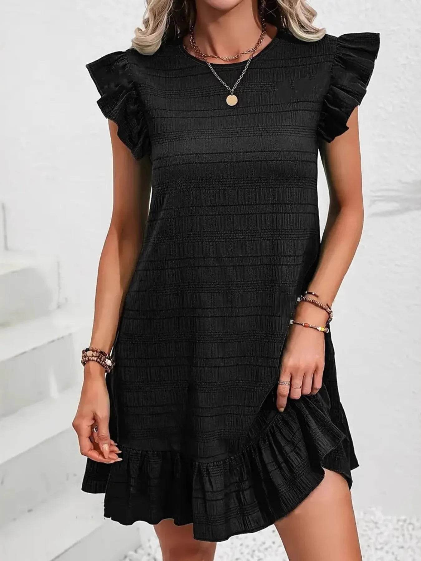 Plus Size Ruffle Hen Cap Sleeve Mini Dress - IntuitiveEncBoutique