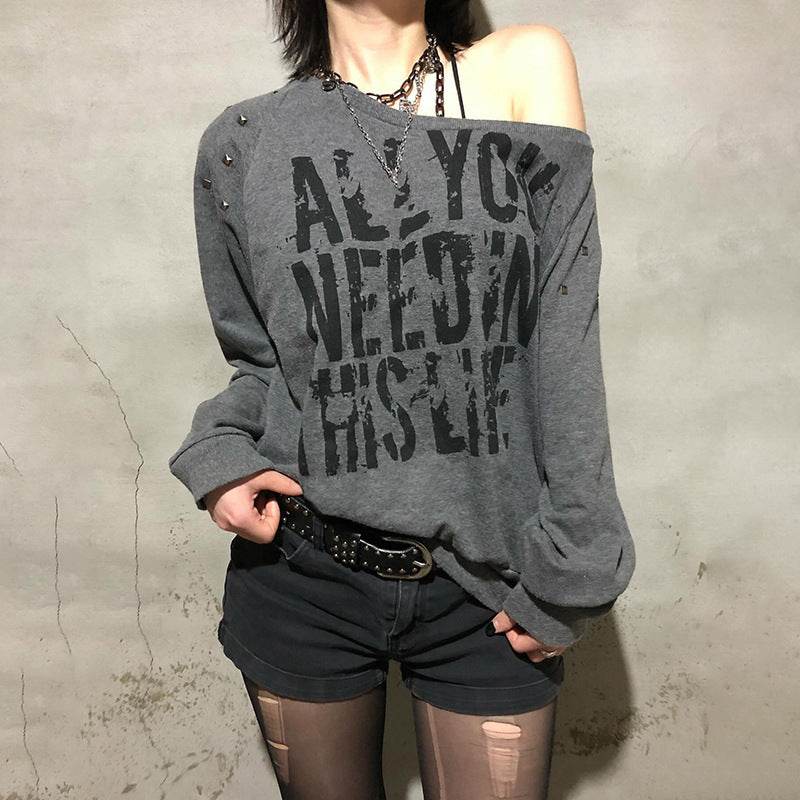 Punk Rivet Letter Print Oblique Collar Sweatshirt Spicy Girl Street Sexy Loose All-Match Off-Shoulder Long Sleeve - IntuitiveEncBoutique