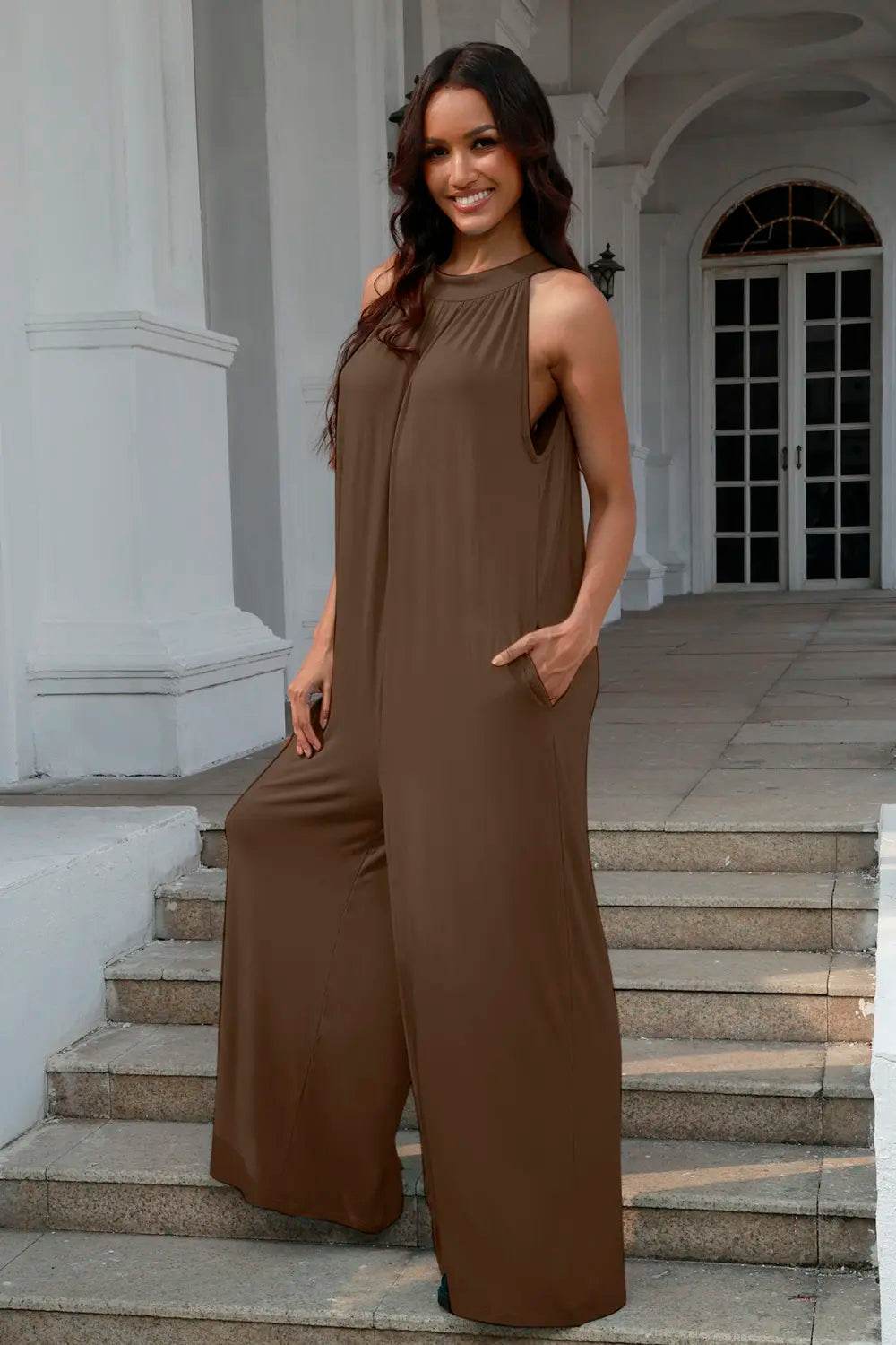 Double Take Full Size Tie Back Cutout Sleeveless Jumpsuit - IntuitiveEncBoutique