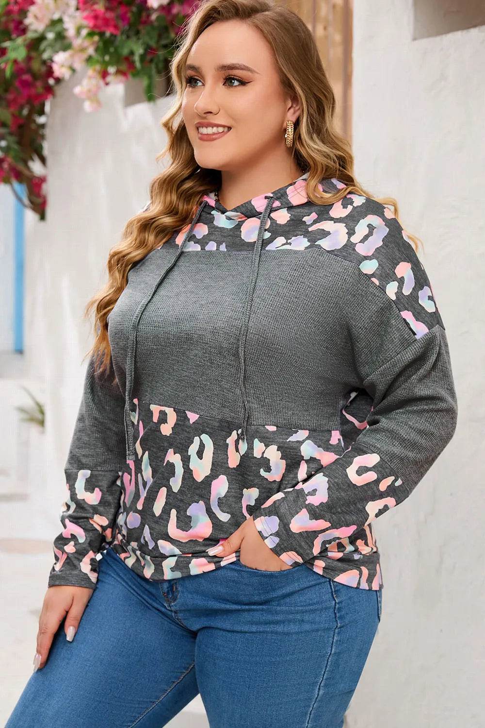 Plus Size Leopard Dropped Shoulder Long Sleeve Hoodie - IntuitiveEncBoutique