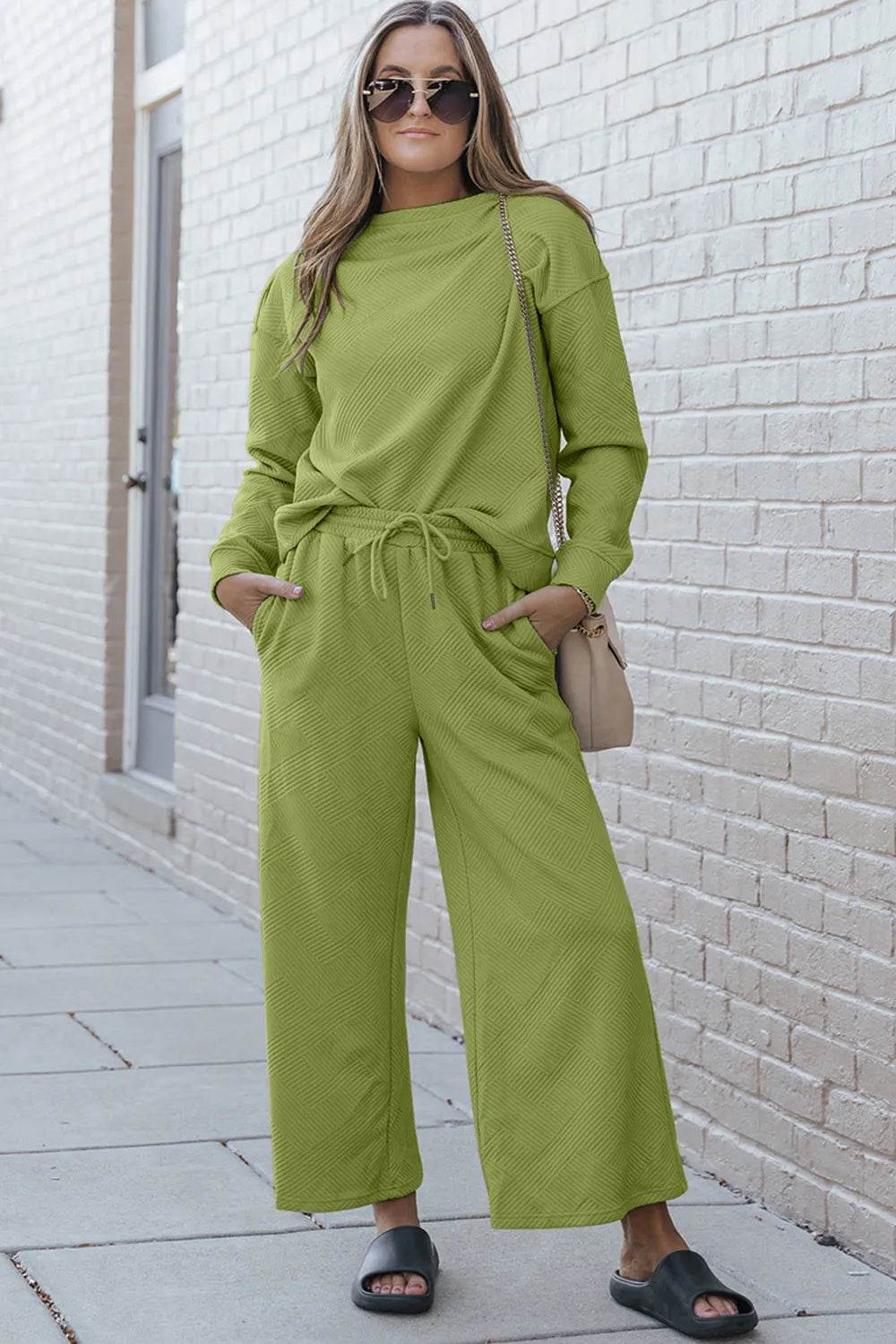 Double Take Full Size Textured Long Sleeve Top and Drawstring Pants Set - IntuitiveEncBoutique