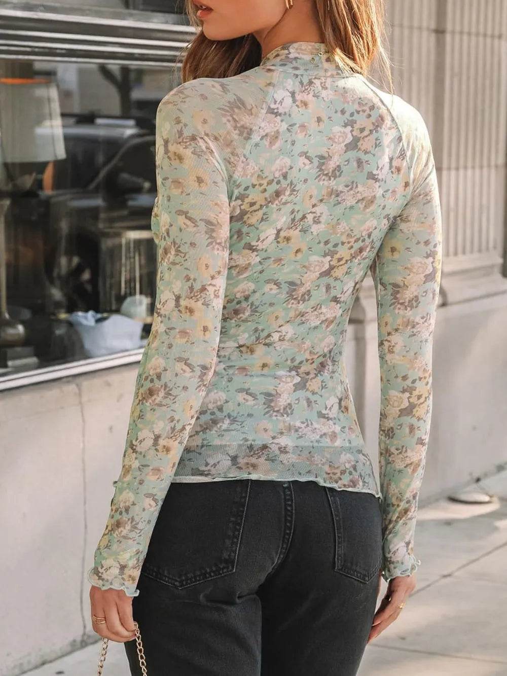 Floral Mock Neck Long Sleeve T-Shirt - IntuitiveEncBoutique
