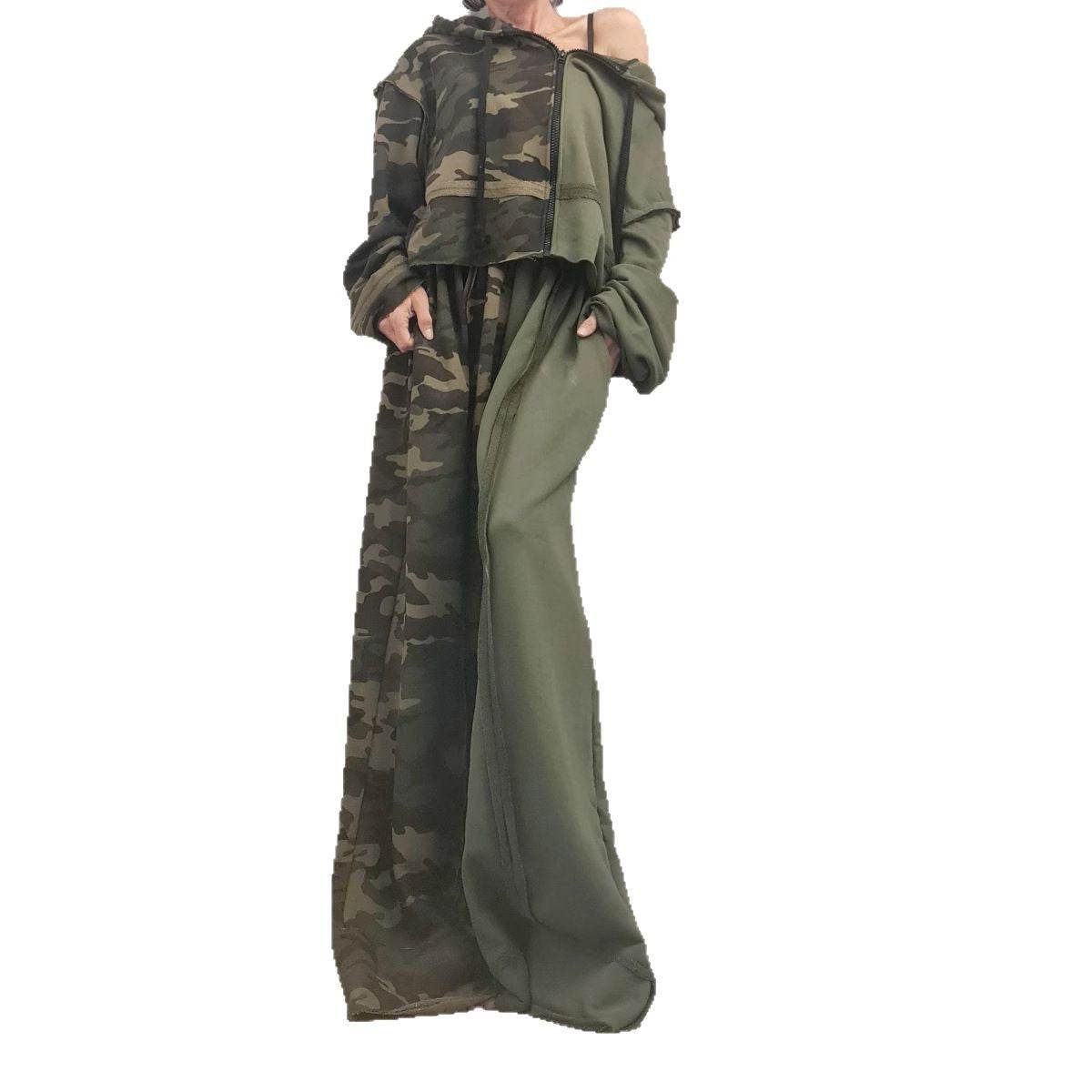 Loose long sleeved sweatshirt zipper jacket camouflage splicing casual pants set - IntuitiveEncBoutique