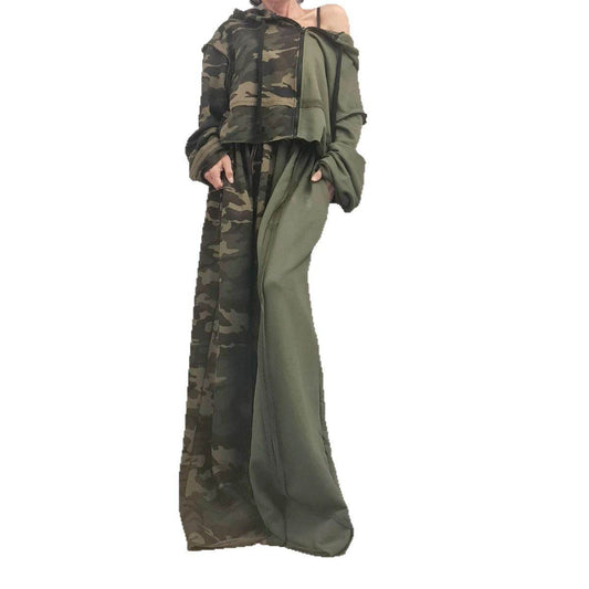 Loose long sleeved sweatshirt zipper jacket camouflage splicing casual pants set - IntuitiveEncBoutique