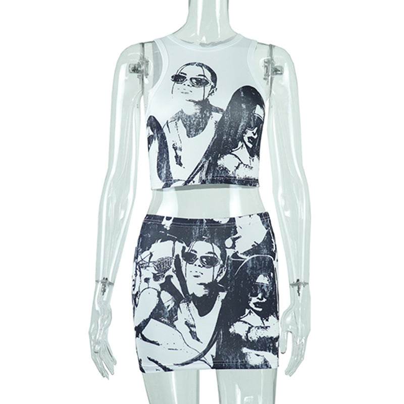Round Neck Cartoon Print Sleeveless Short Top and Skirt Set for Women - IntuitiveEncBoutique