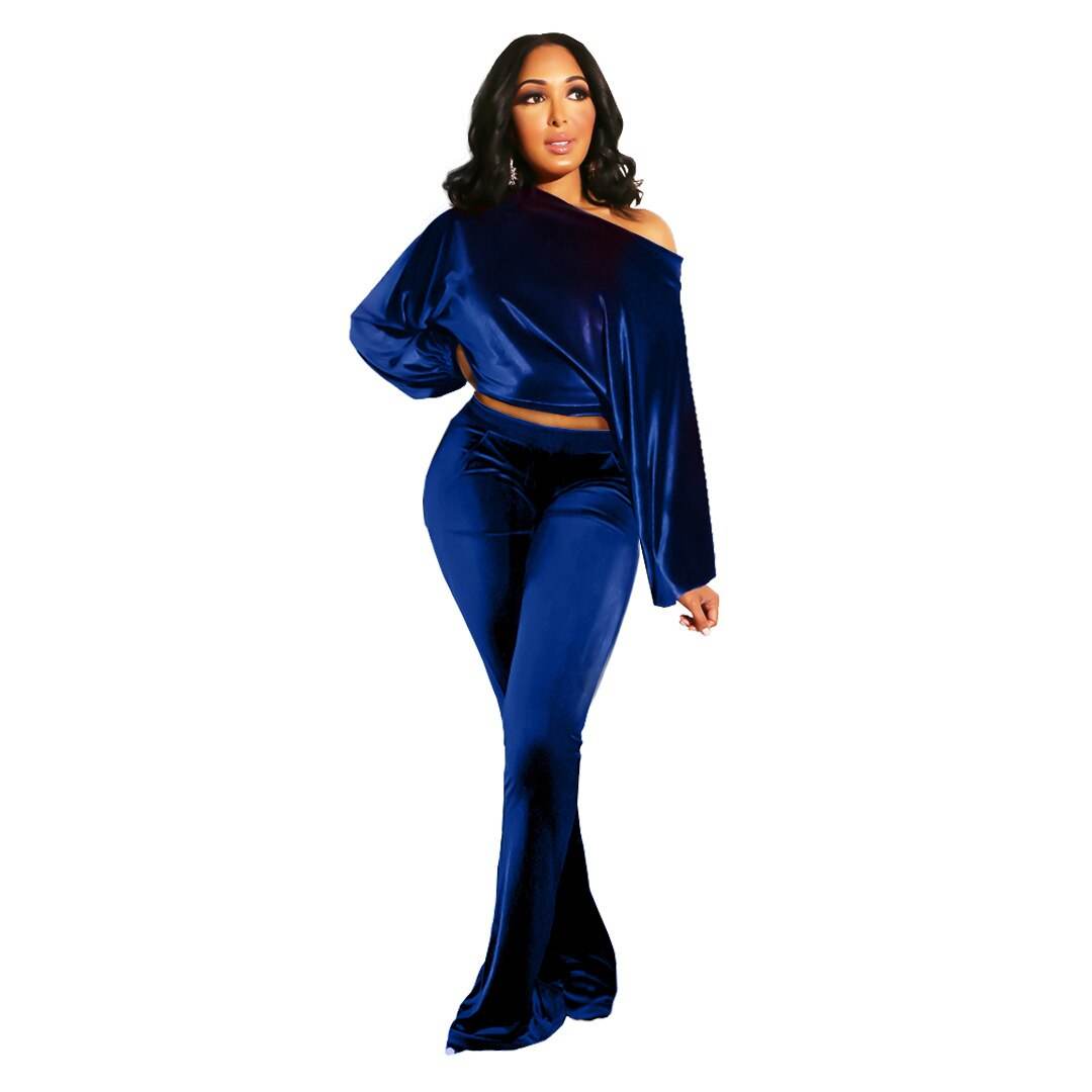 Autumn and Winter Women's Suit Pants Nightclub Sexy T-shirt Flannelette One Shoulder Slim Fit Elegant Women's 2-piece Set - IntuitiveEncBoutique