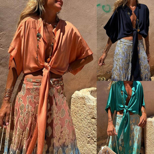 New Belted Vacation Multi-color Top INS Casual Loose Batwing Sleeve Cardigan for Women - IntuitiveEncBoutique