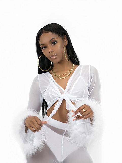 Mesh High Waist Pants and Long Sleeve Crop Top Sets Party Clubwear Sexy Faux Fur Outfit Two Piece Sets - IntuitiveEncBoutique