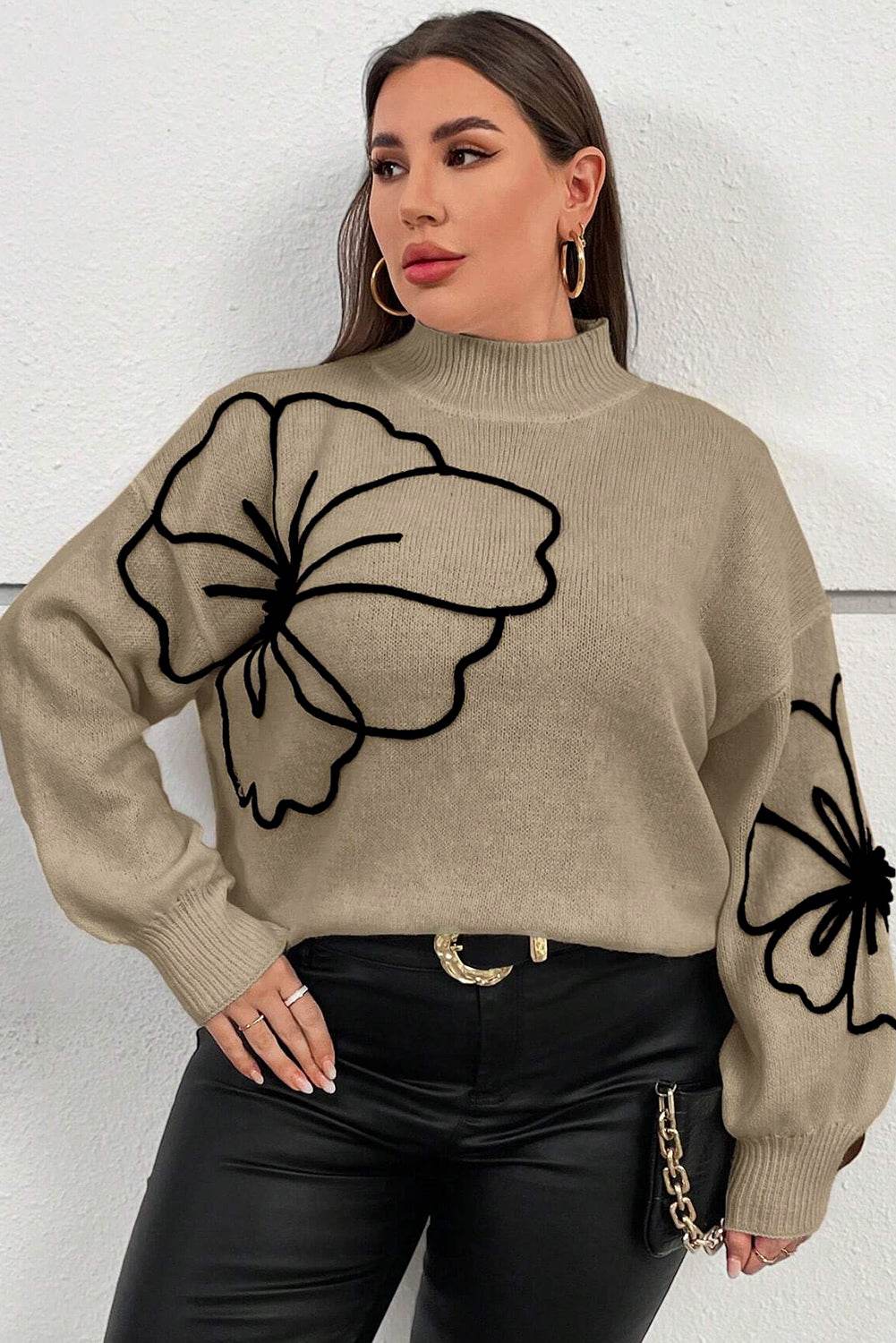Dark Khaki Plus Size Big Flower Pattern High Neck Drop Shoulder Sweater - IntuitiveEncBoutique