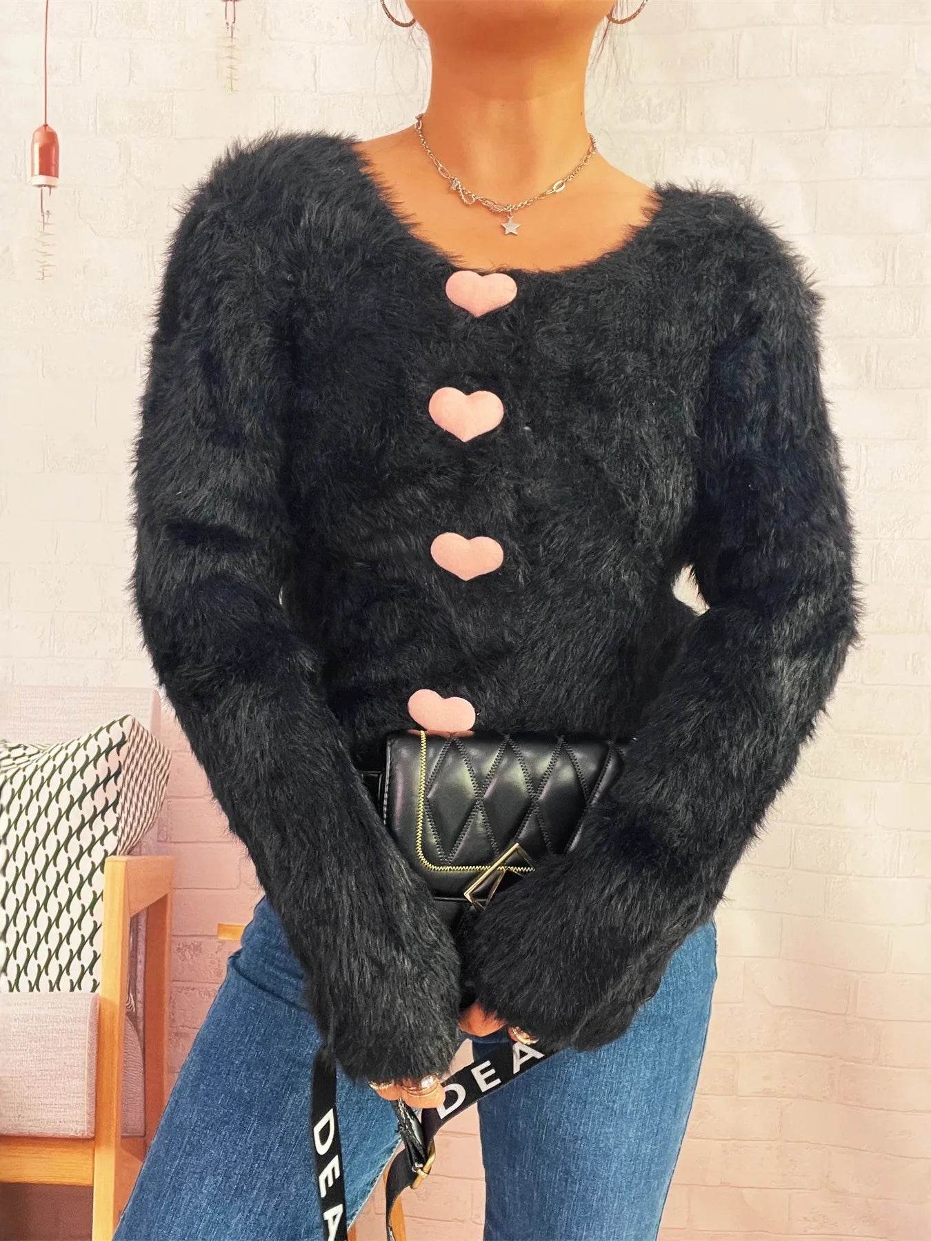 Fuzzy Heart Shape Button-Up Cardigan - IntuitiveEncBoutique