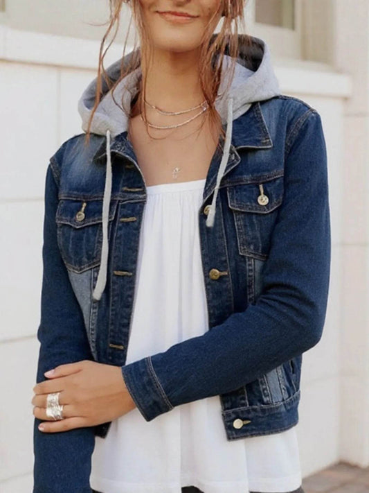 Full Size Button Up Drawstring Hooded Denim Jacket Plus Size - IntuitiveEncBoutique