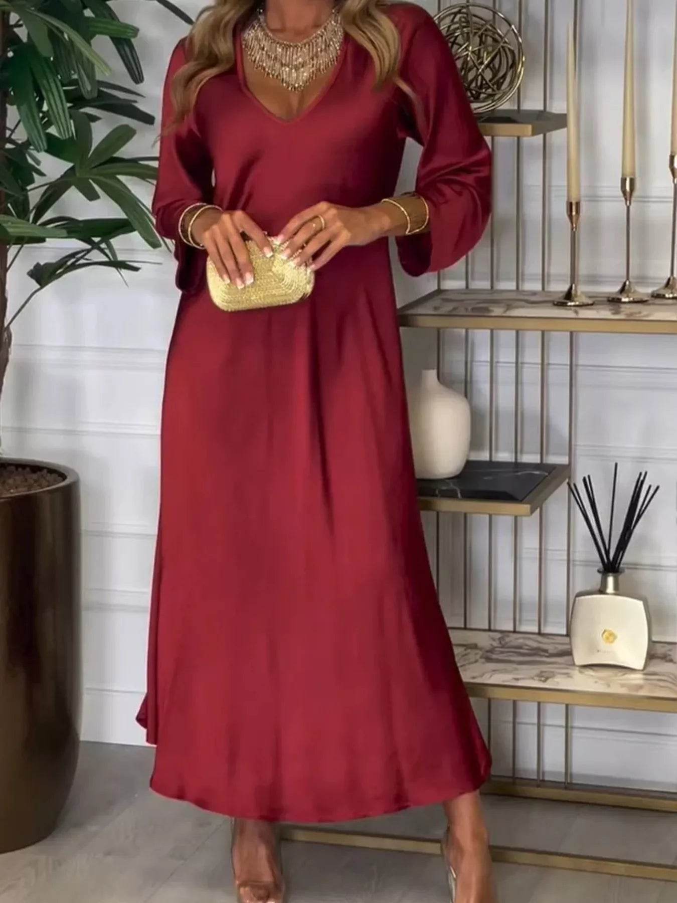 Full Size V-Neck Long Sleeve Midi Dress Plus Size - IntuitiveEncBoutique