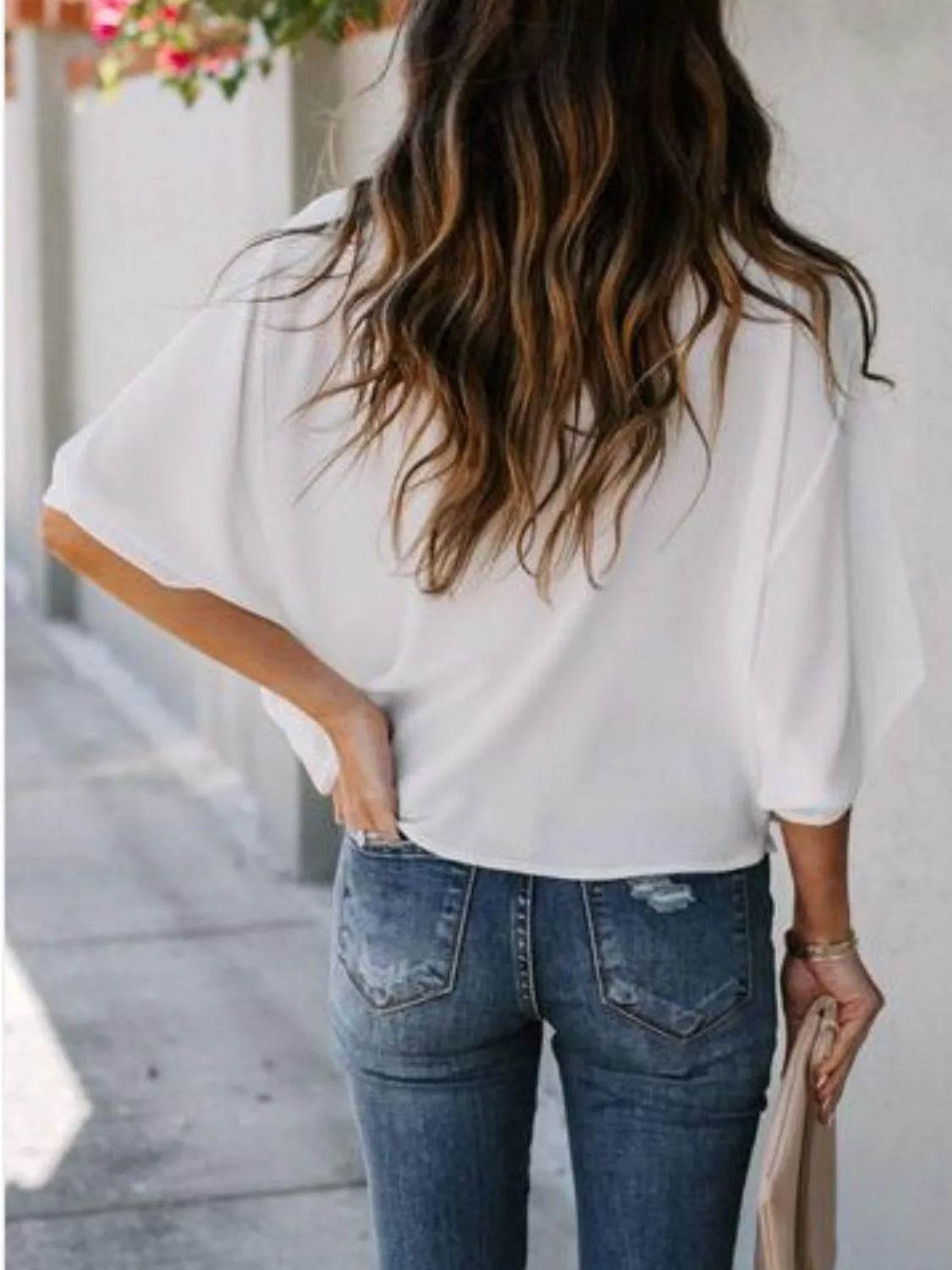 Full Size Ruched Three-Quarter Sleeve Blouse Plus Size - IntuitiveEncBoutique