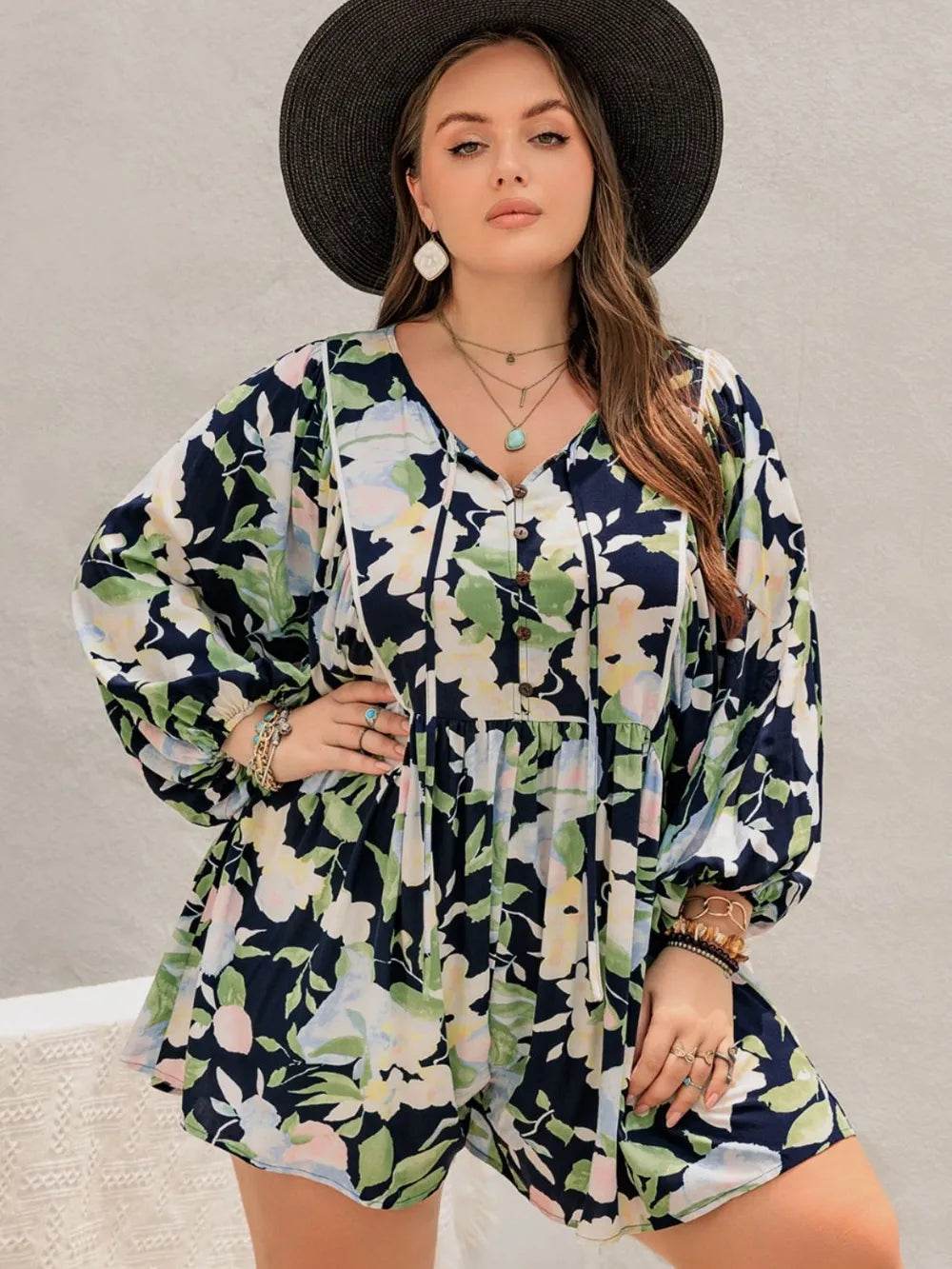 Plus Size Tied Printed Long Sleeve Romper - IntuitiveEncBoutique