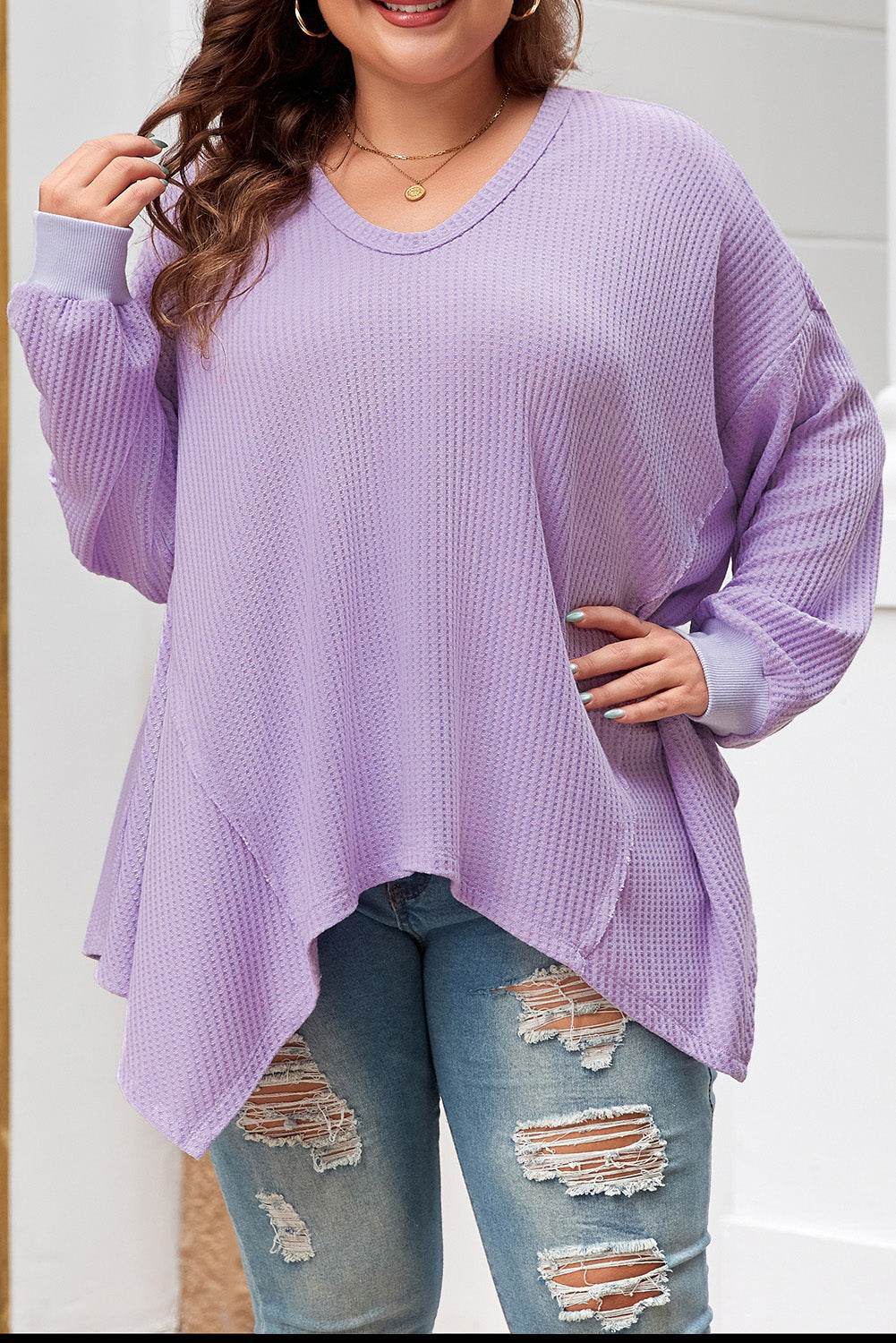 Orchid Petal Plus Size Waffle Knit Exposed Seam Flowy Top - IntuitiveEncBoutique