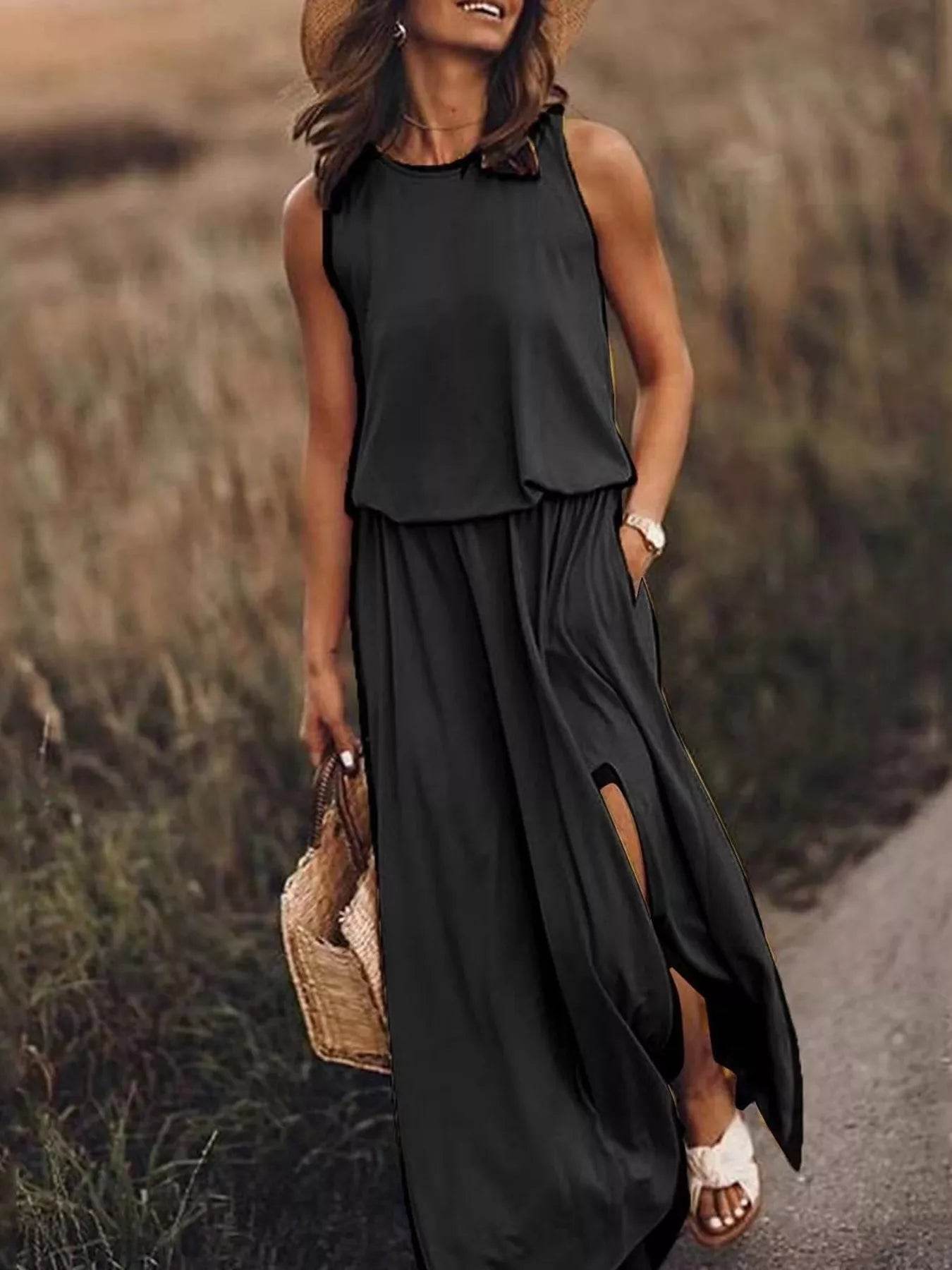 Full Size Round Neck Sleeveless Slit Maxi Dress Plus Size - IntuitiveEncBoutique