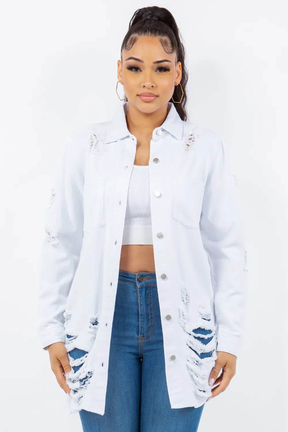 American Bazi Distressed Button Up Long Sleeve Denim Jacket - IntuitiveEncBoutique