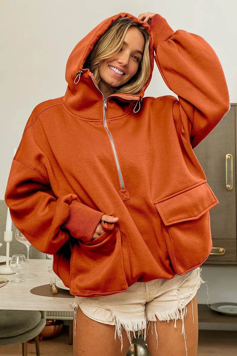 BiBi Half Zip Vintage Washed Fleece Hoodie - IntuitiveEncBoutique