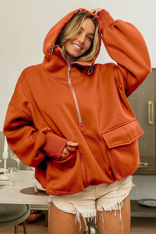 BiBi Half Zip Vintage Washed Fleece Hoodie - IntuitiveEncBoutique