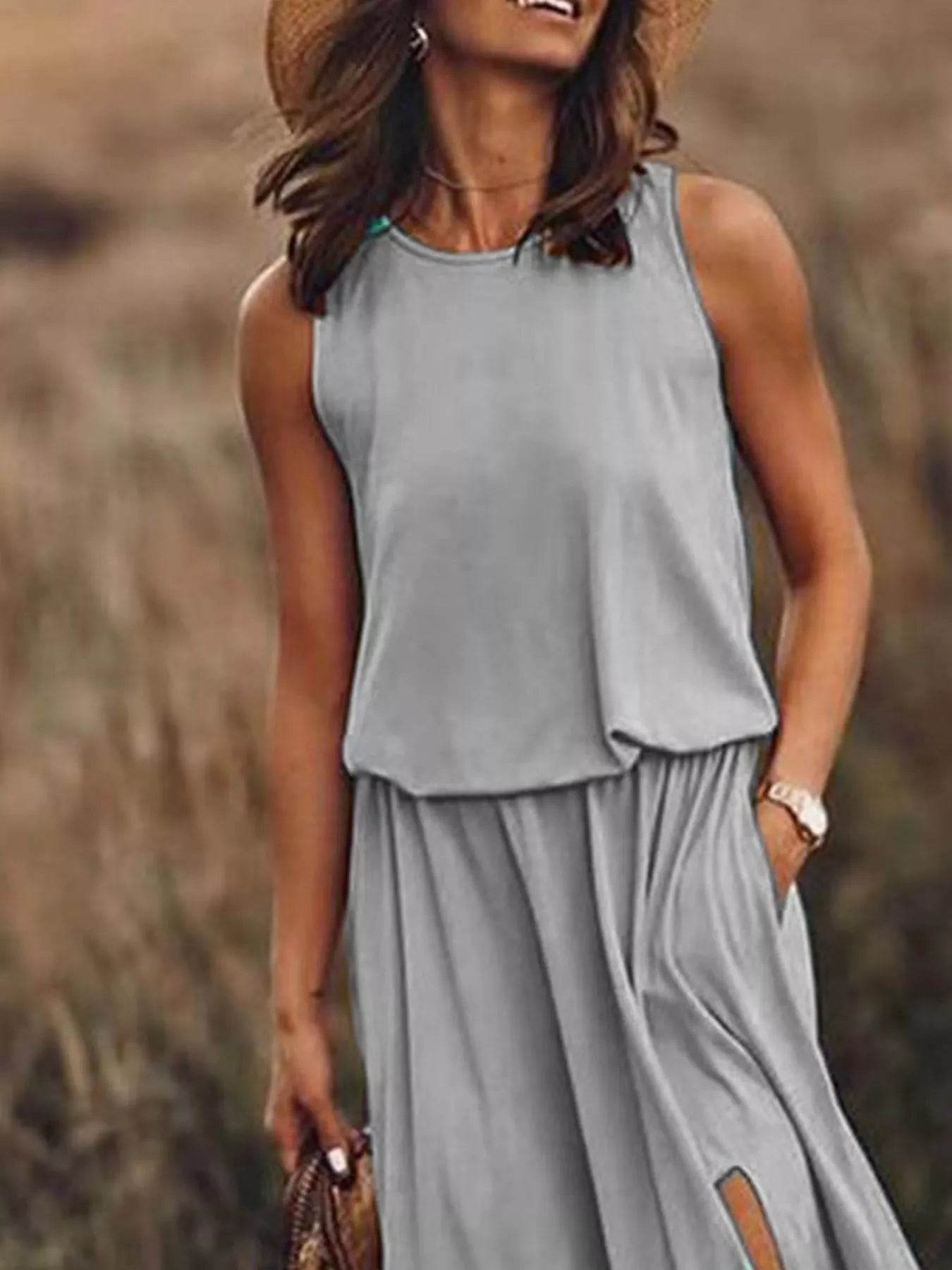 Full Size Round Neck Sleeveless Slit Maxi Dress Plus Size - IntuitiveEncBoutique