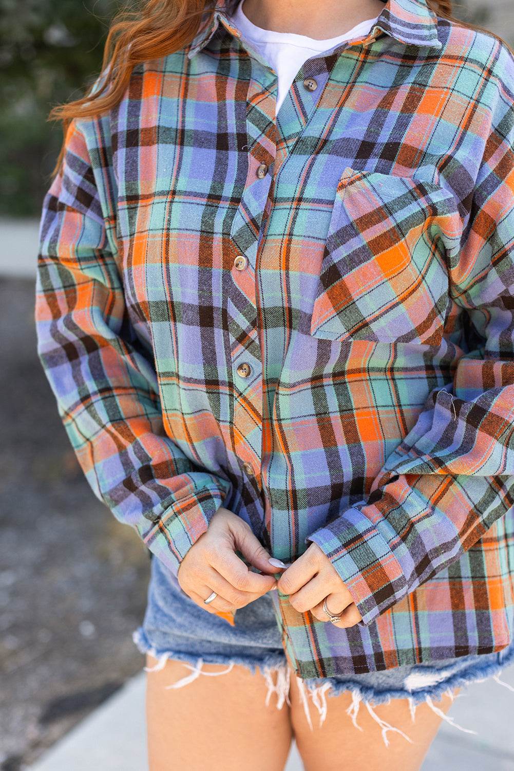 Orange Plus Size Plaid Print Buttoned Shirt - IntuitiveEncBoutique