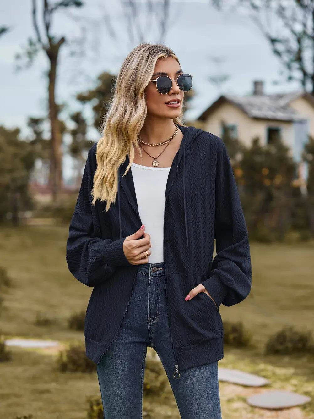 Zip Up Drawstring Long Sleeve Hooded Jacket - IntuitiveEncBoutique