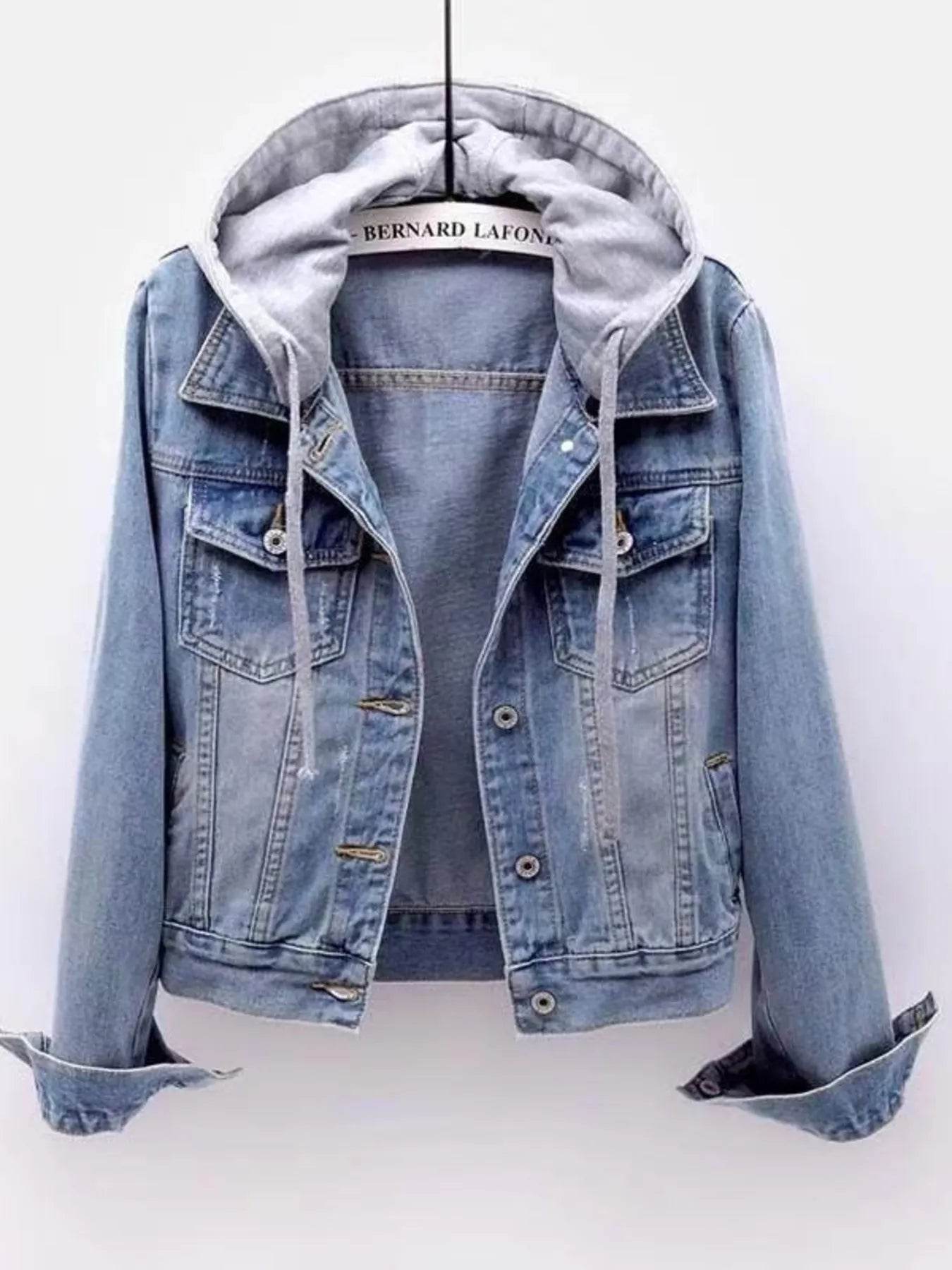 Full Size Button Up Drawstring Hooded Denim Jacket Plus Size - IntuitiveEncBoutique