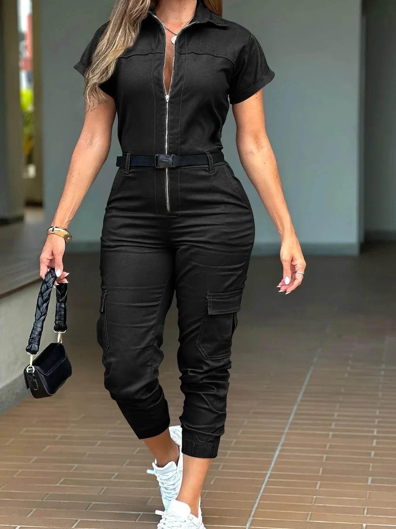 Zip Front Short Sleeve Jumpsuit - IntuitiveEncBoutique