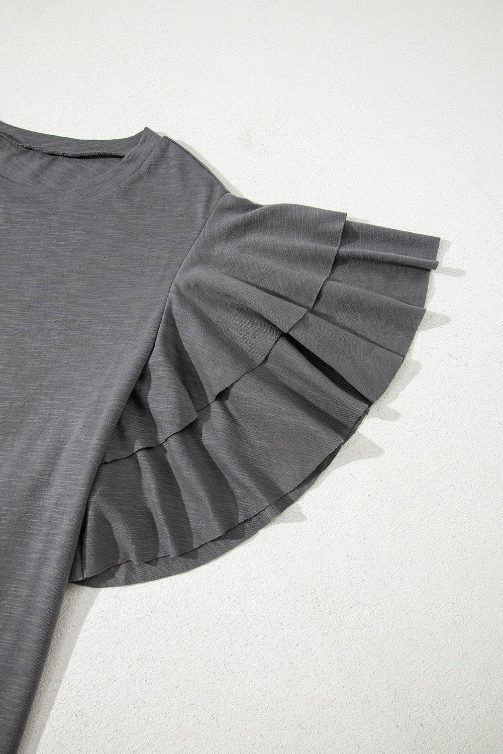 Dark Grey Double Ruffled Short Sleeve Plus Size Top - IntuitiveEncBoutique